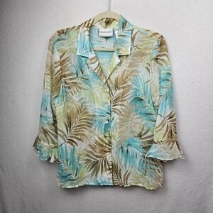 Alfred Dunner Shirt Woman's Size 8 Petite Blue Beige Palm Print Button Up